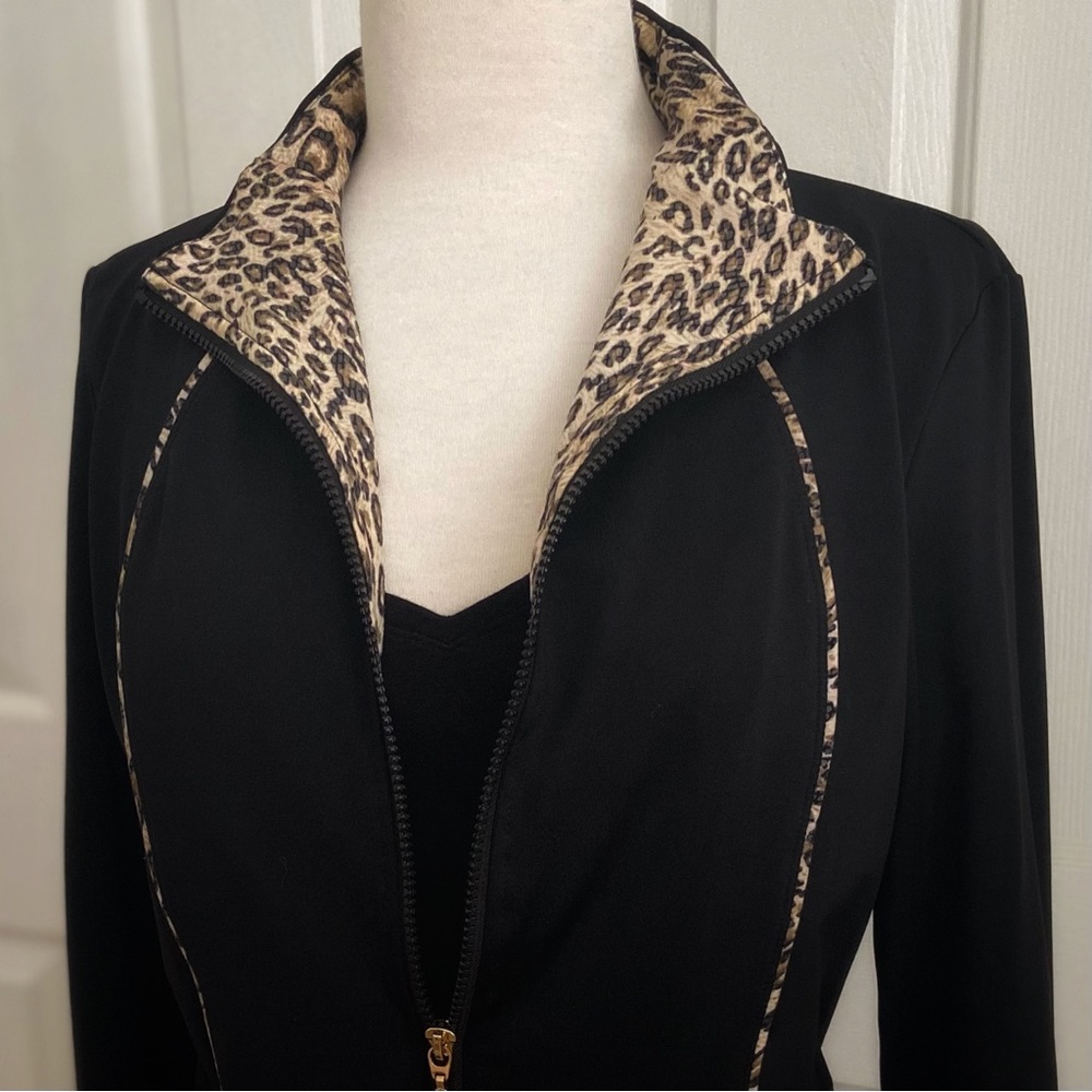 Black Zip-Up Athletic Jacket w/Leopard Trim by NEIMAN MARCUS - Picture 2 of 15